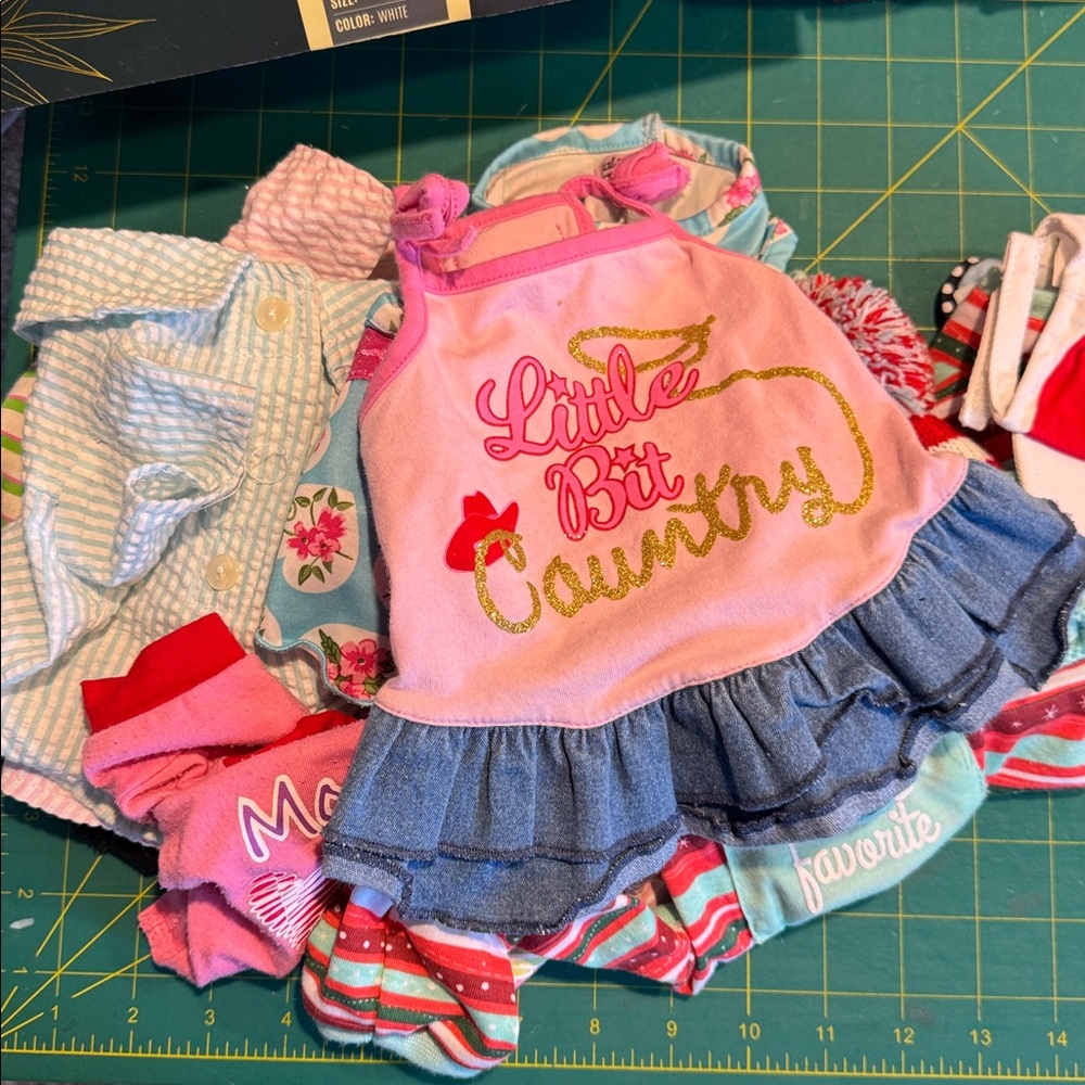Lots of 12 dog clothing items. 2 dresses, 6 shirts, 2 hats and 2 jammies